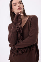 Jersey de cuello en V con flecos Lina - Marrón chocolate - Mujer