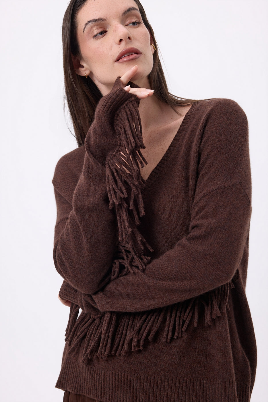 Jersey de cuello en V con flecos Lina - Marrón chocolate - Mujer