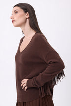 Jersey de cuello en V con flecos Lina - Marrón chocolate - Mujer