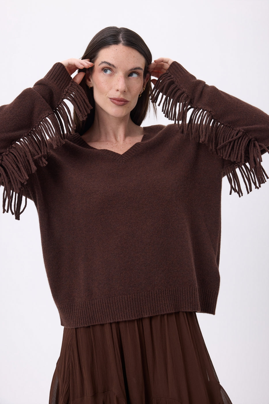 Jersey de cuello en V con flecos Lina - Marrón chocolate - Mujer