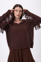 Jersey de cuello en V con flecos Lina - Marrón chocolate - Mujer