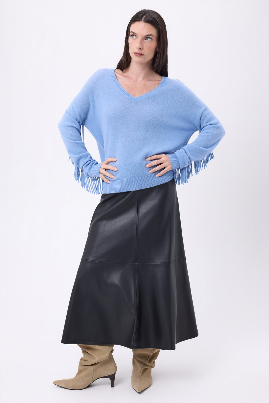 Jersey de cuello en V con flecos Lina - Azul cielo - Mujer