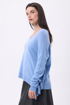 Jersey de cuello en V con flecos Lina - Azul cielo - Mujer