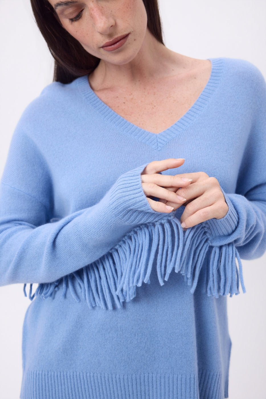 Jersey de cuello en V con flecos Lina - Azul cielo - Mujer