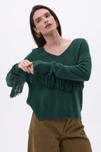 Jersey de cuello en V con flecos Lina - Verde botella - Mujer