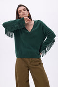 Jersey de cuello en V con flecos Lina - Verde botella - Mujer