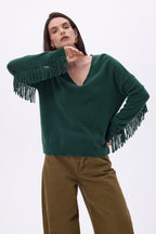 Jersey de cuello en V con flecos Lina - Verde botella - Mujer