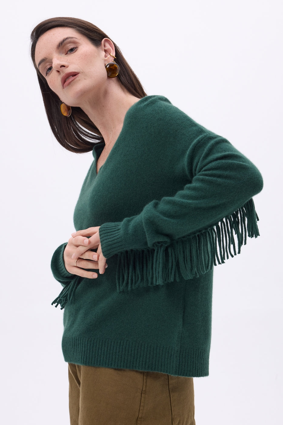 Jersey de cuello en V con flecos Lina - Verde botella - Mujer