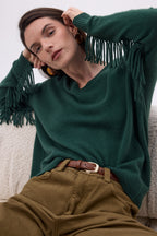 Jersey de cuello en V con flecos Lina - Verde botella - Mujer