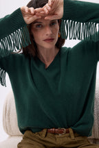 Jersey de cuello en V con flecos Lina - Verde botella - Mujer