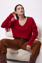 Jersey de cuello en V con flecos Lina - Coulis - Mujer