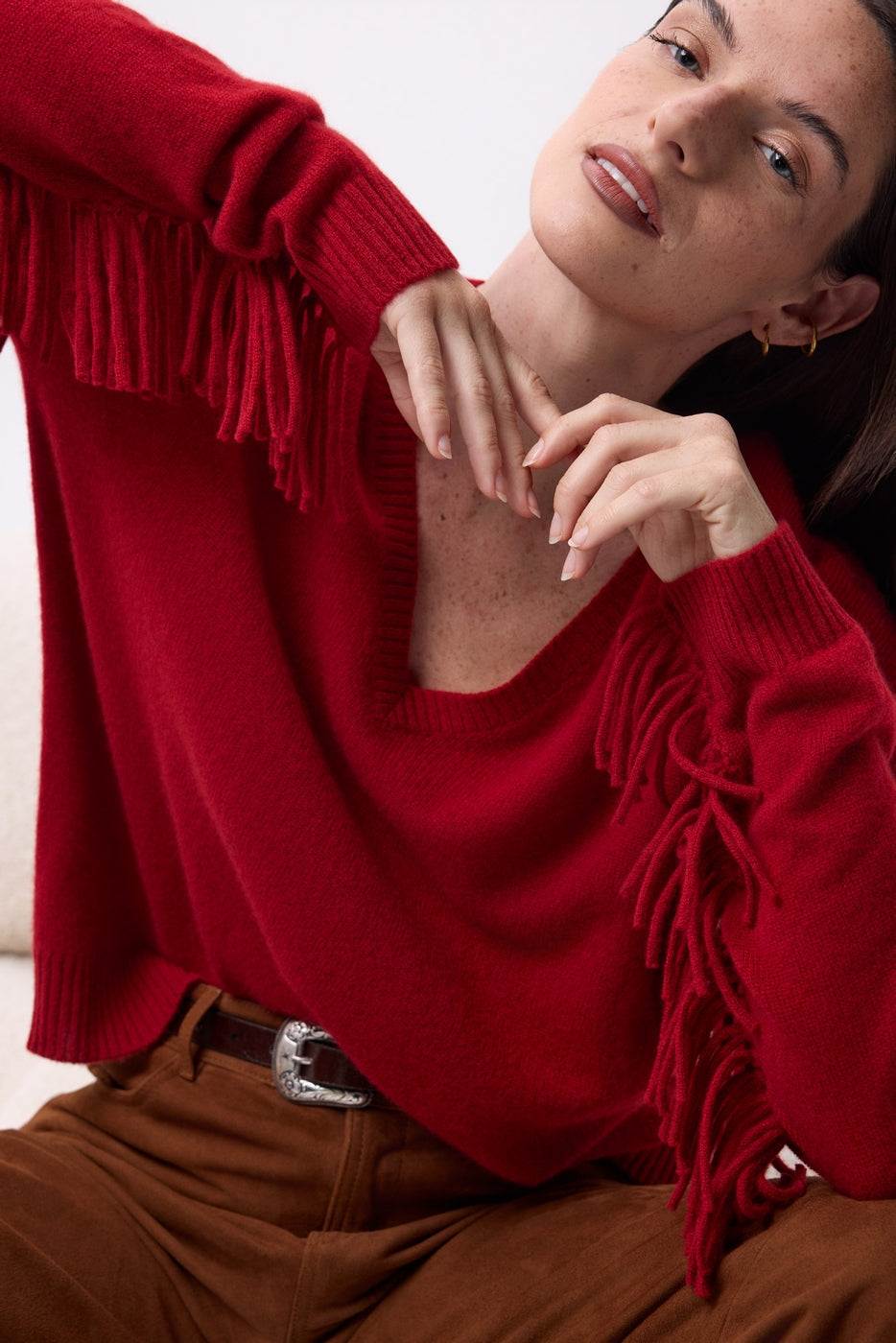 Jersey de cuello en V con flecos Lina - Coulis - Mujer