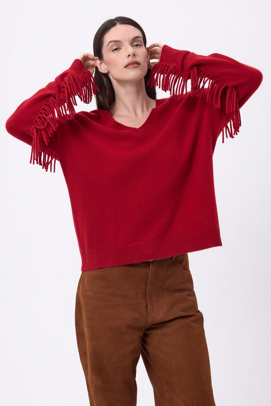 Jersey de cuello en V con flecos Lina - Coulis - Mujer