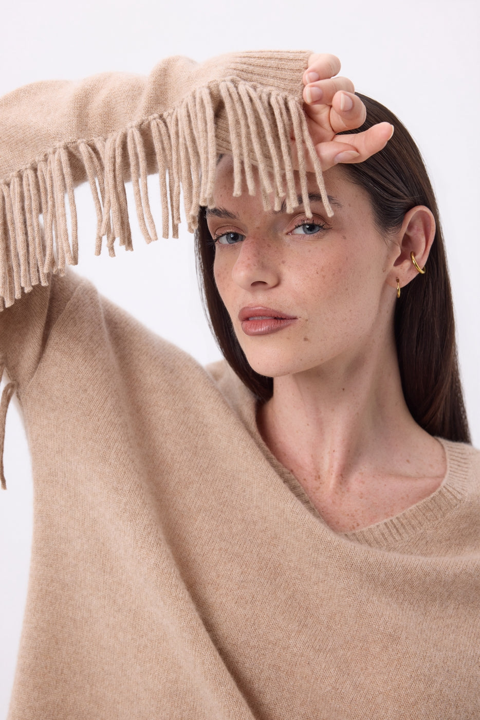 Pull Col V Franges Lina - Beige Creme - Femme