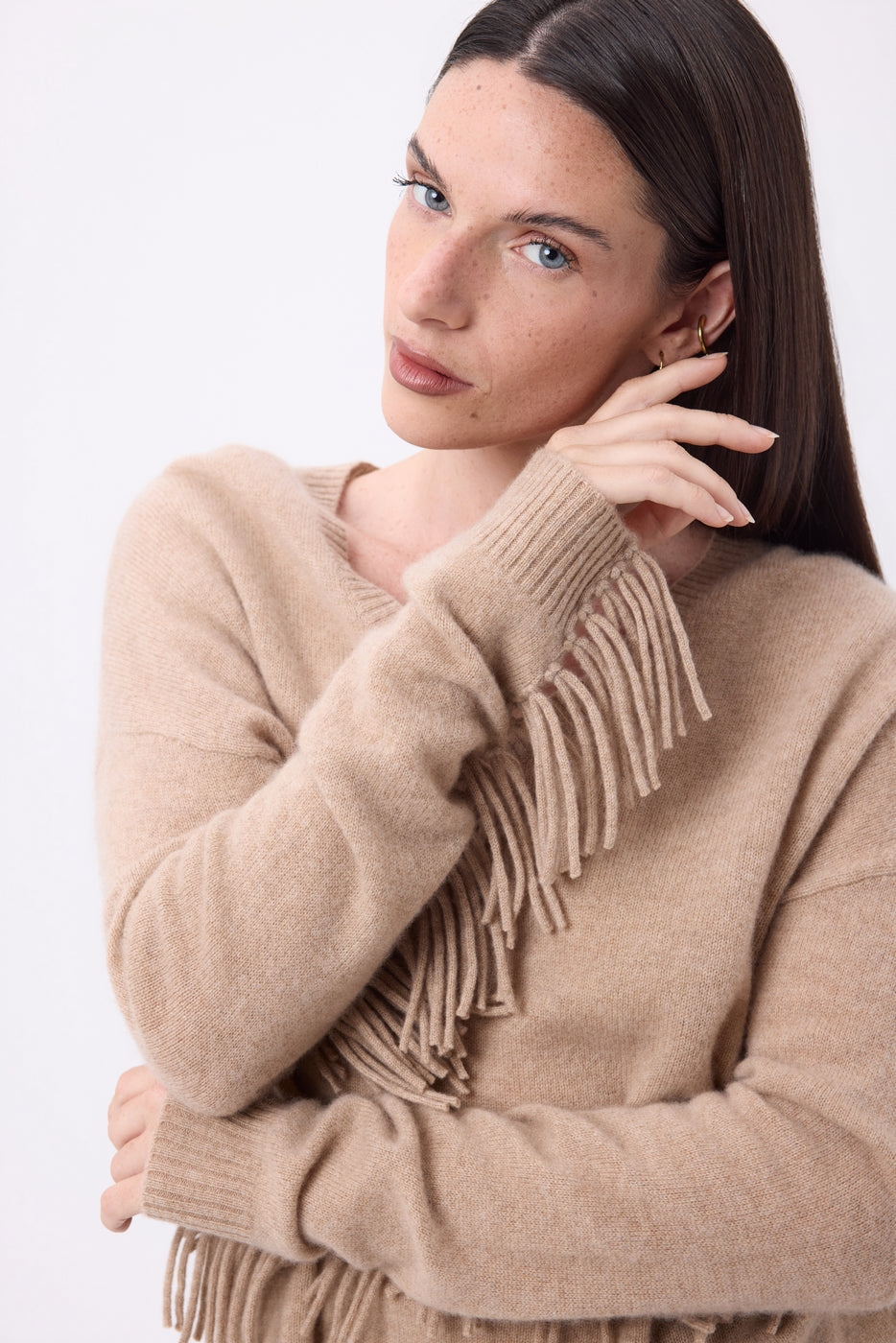 Pull Col V Franges Lina - Beige Creme - Femme