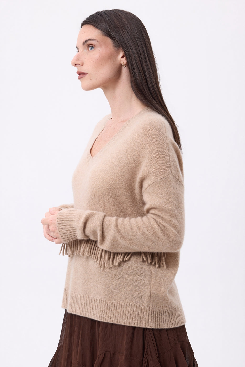 Pull Col V Franges Lina - Beige Creme - Femme