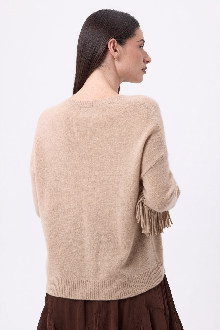 Pull Col V Franges Lina - Beige Creme - Femme