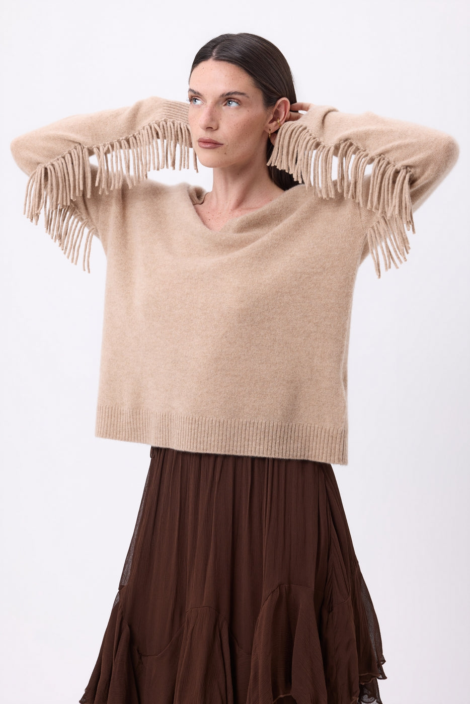 Pull Col V Franges Lina - Beige Creme - Femme