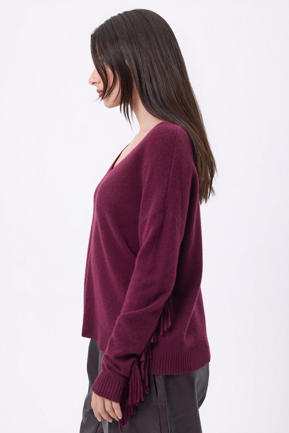 Pull Col V Franges Lina - Lie-De-Vin - Femme