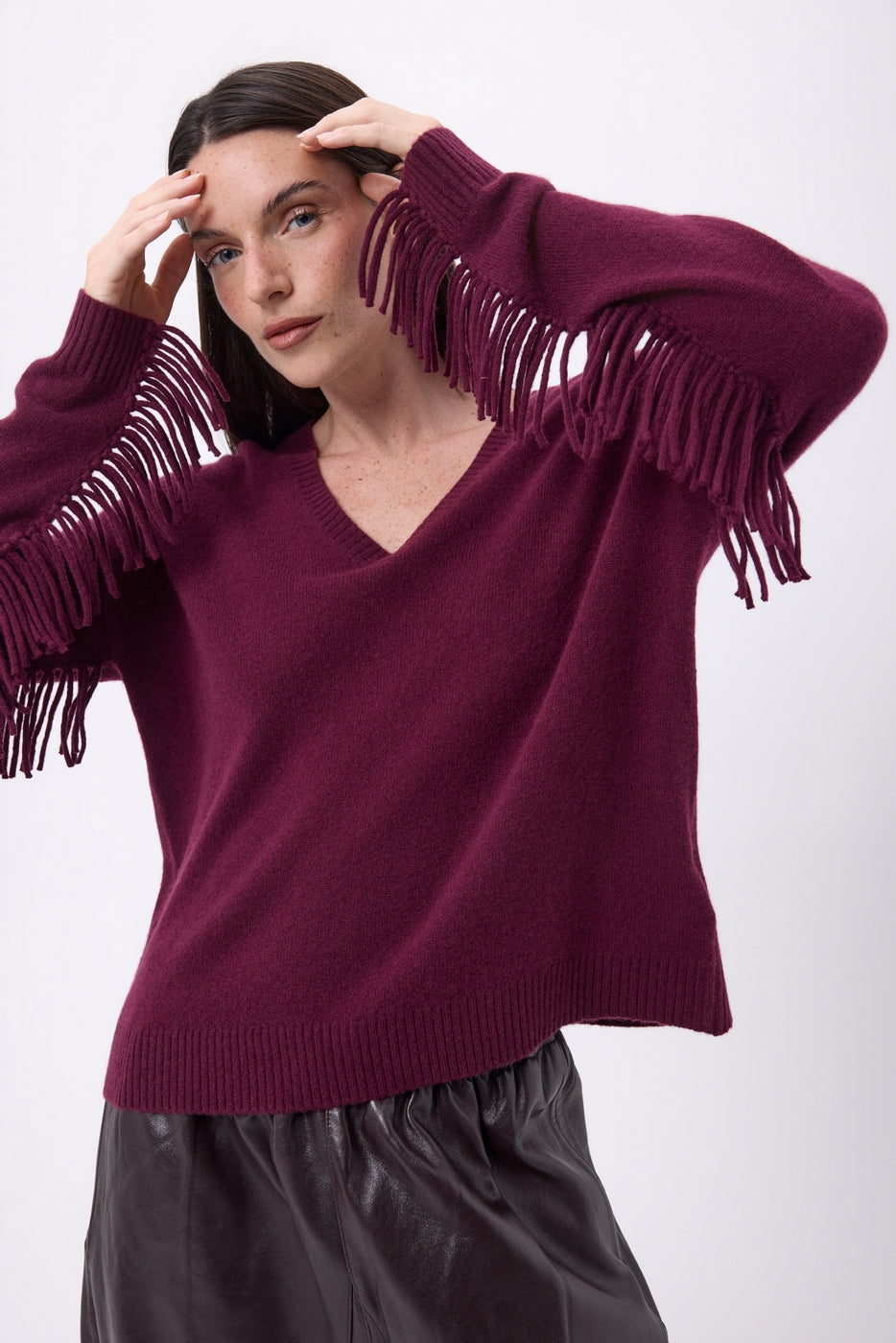 Pull Col V Franges Lina - Lie-De-Vin - Femme