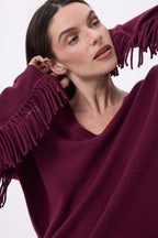 Pull Col V Franges Lina - Lie-De-Vin - Femme