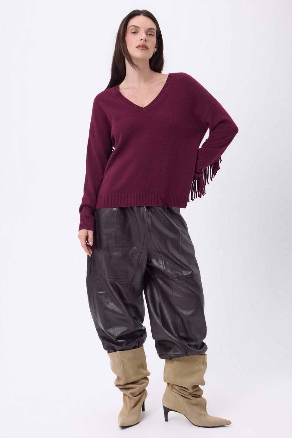 Pull Col V Franges Lina - Lie-De-Vin - Femme