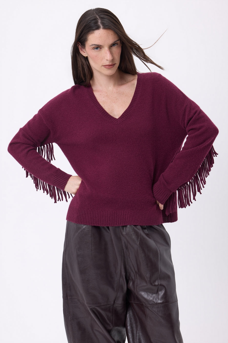 Pull Col V Franges Lina - Lie-De-Vin - Femme