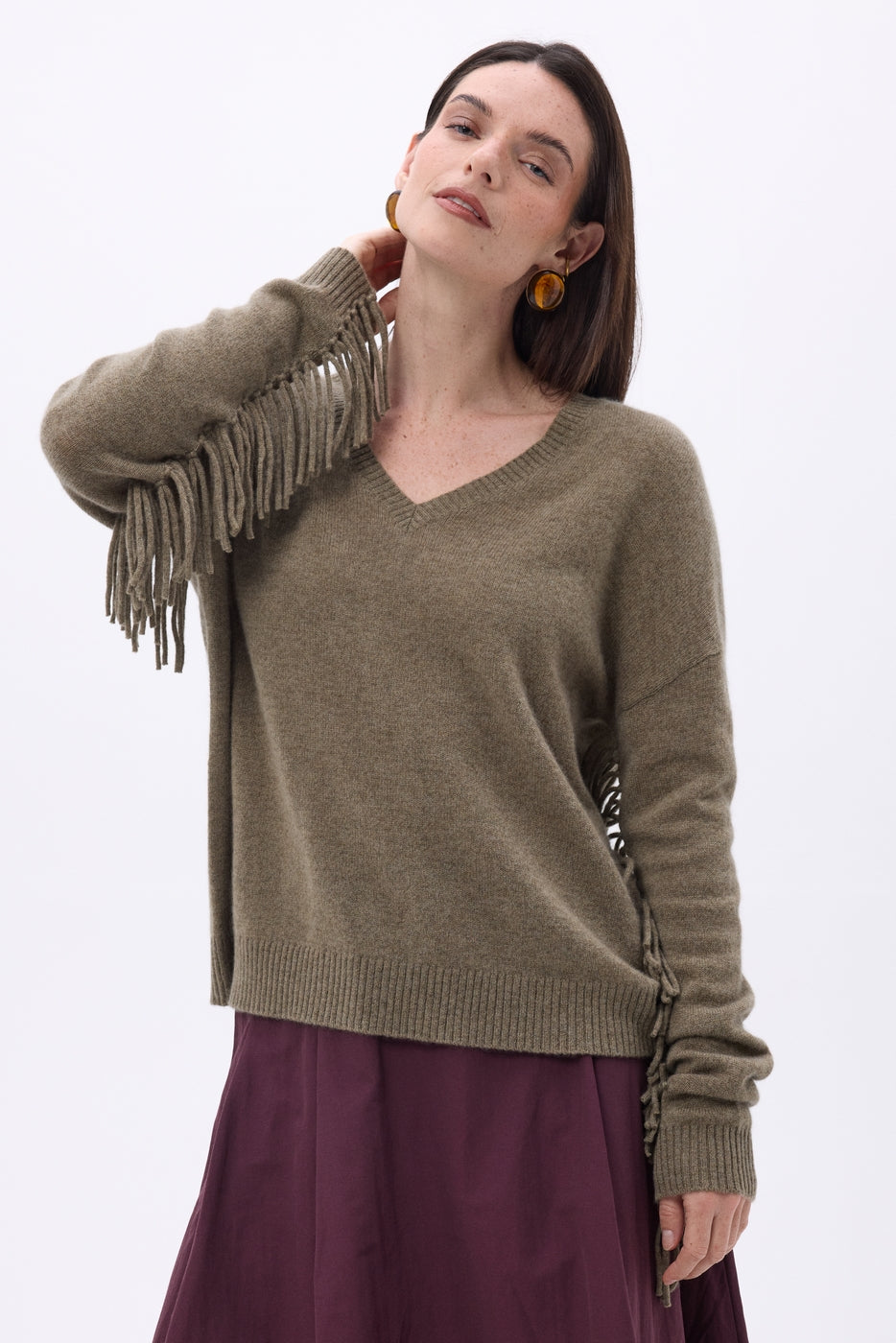 Pull Col V Franges Lina - Khaki Chine - Femme