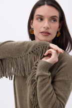 Pull Col V Franges Lina - Khaki Chine - Femme