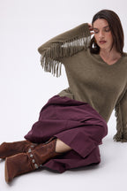 Pull Col V Franges Lina - Khaki Chine - Femme