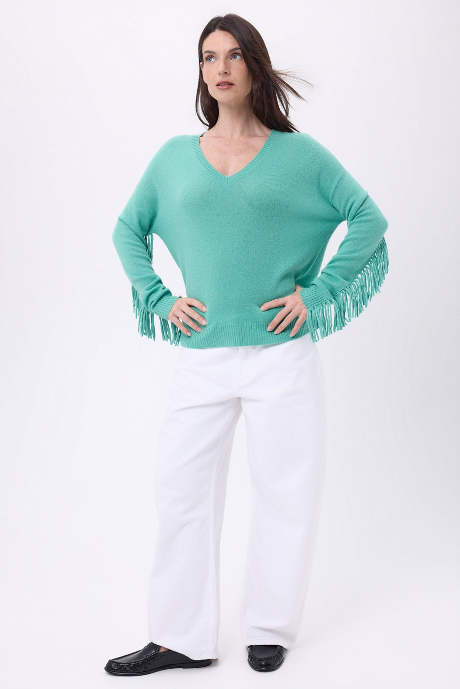 Pull Col V Franges Lina - Vert Pastel - Femme