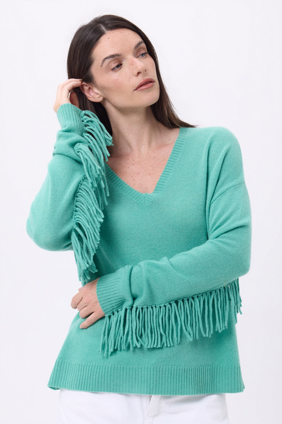 Pull Col V Franges Lina - Vert Pastel - Femme