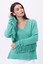 Pull Col V Franges Lina - Vert Pastel - Femme