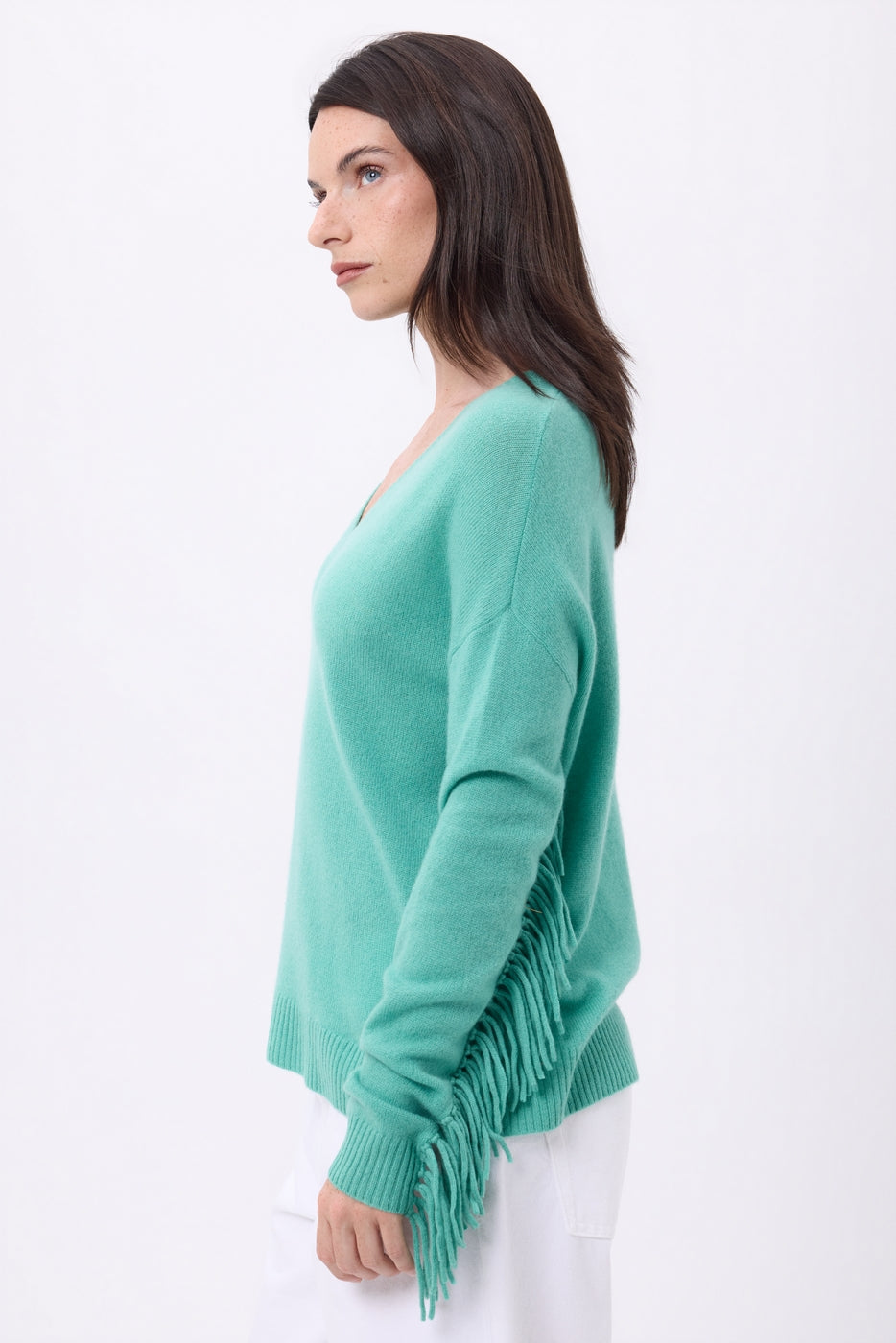 Pull Col V Franges Lina - Vert Pastel - Femme