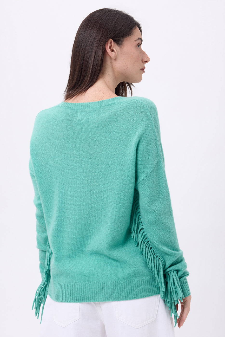 Pull Col V Franges Lina - Vert Pastel - Femme