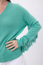 Pull Col V Franges Lina - Vert Pastel - Femme