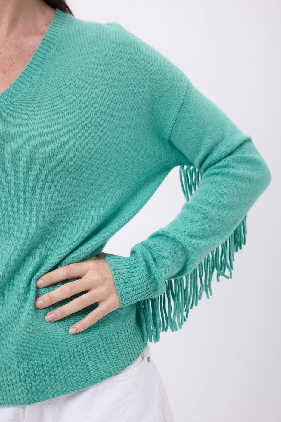 Pull Col V Franges Lina - Vert Pastel - Femme