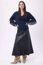 Pull Col V Franges Lina - Bleu Marine - Femme