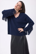 Pull Col V Franges Lina - Bleu Marine - Femme