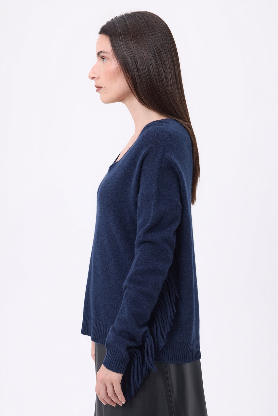 Pull Col V Franges Lina - Bleu Marine - Femme