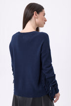Pull Col V Franges Lina - Bleu Marine - Femme
