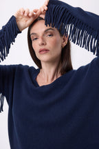Pull Col V Franges Lina - Bleu Marine - Femme