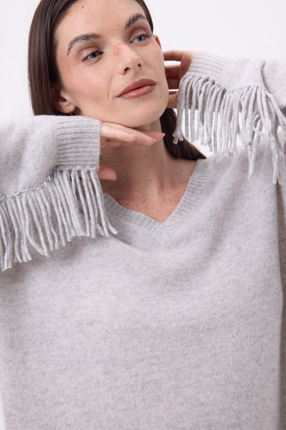 Jersey de cuello en V con flecos Lina - Gris claro - Mujer