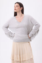 Jersey de cuello en V con flecos Lina - Gris claro - Mujer