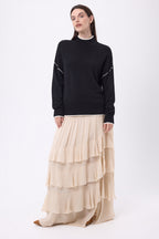 Pull Col Montant Liseret Line - Noir-Blanc - Femme