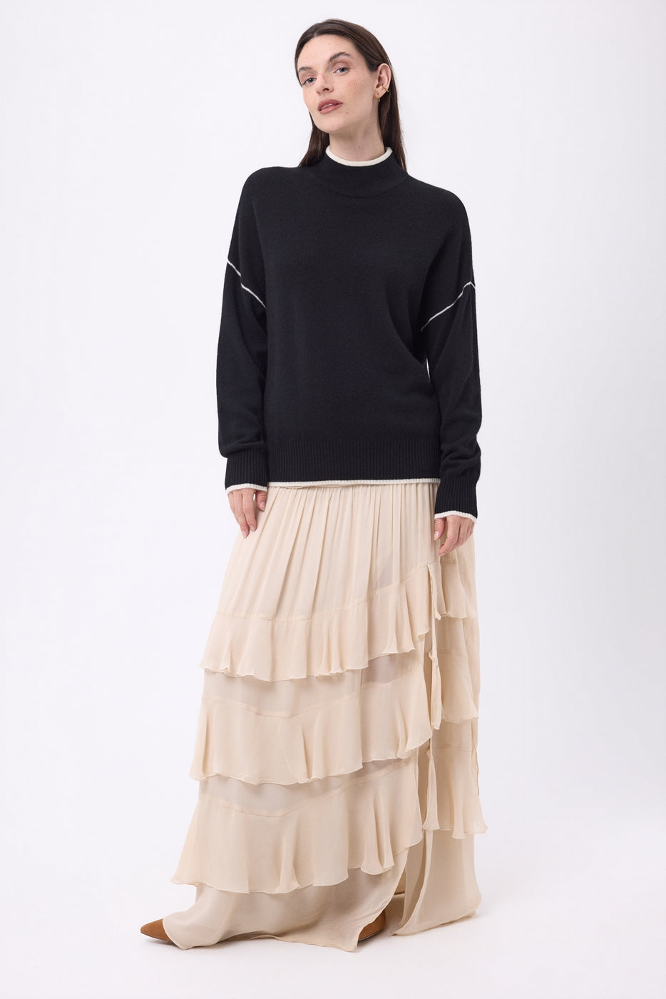 Pull Col Montant Liseret Line - Noir-Blanc - Femme