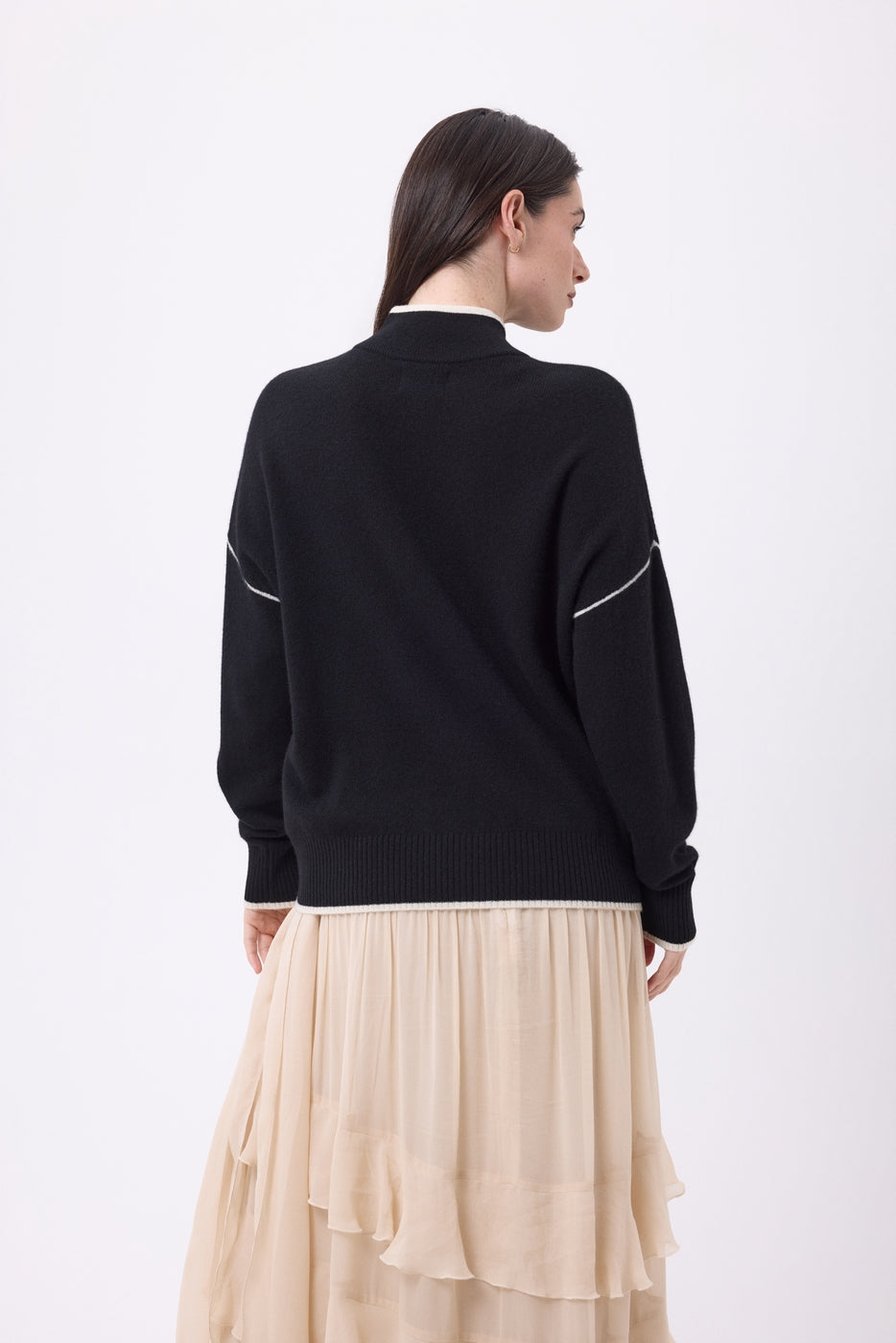 Pull Col Montant Liseret Line - Noir-Blanc - Femme