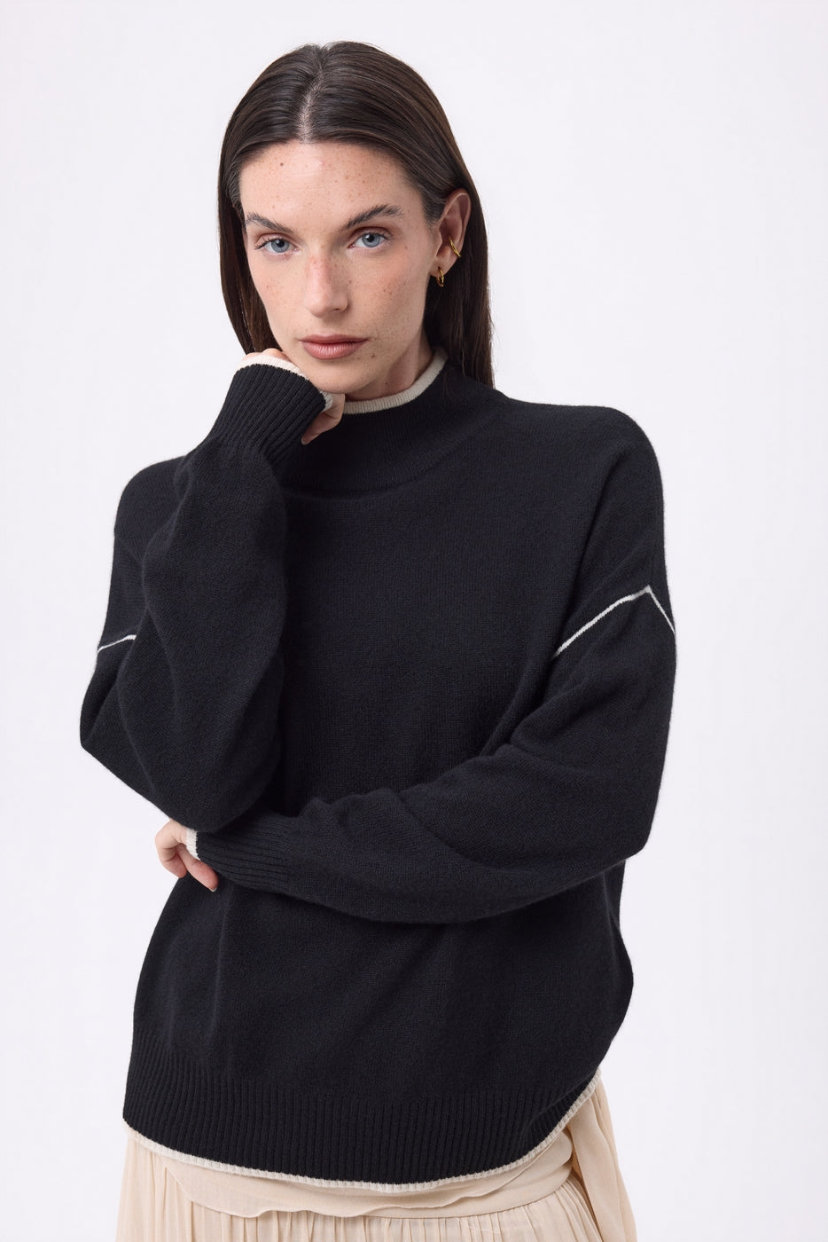 Pull Col Montant Liseret Line - Noir-Blanc - Femme