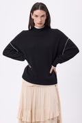 Pull Col Montant Liseret Line - Noir-Blanc - Femme
