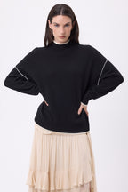 Pull Col Montant Liseret Line - Noir-Blanc - Femme